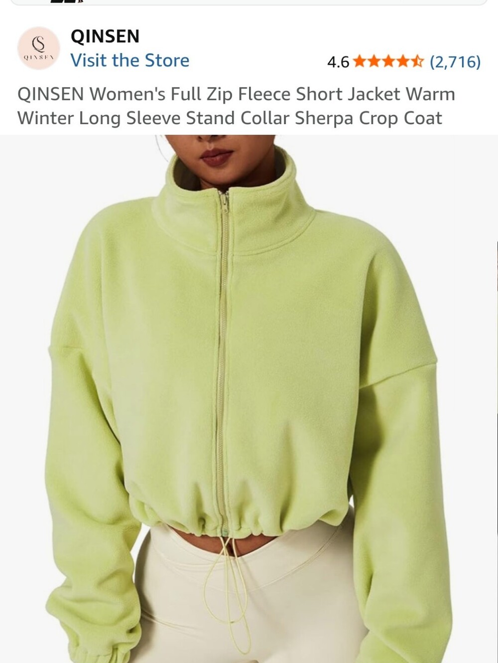QINSEN Lime Green Full-Zip Fleece Crop Jacket Size Small New